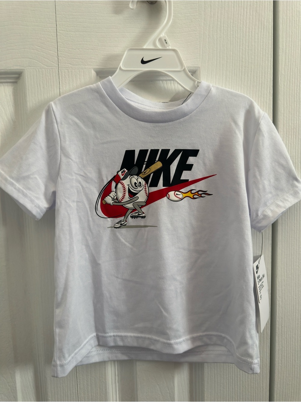 Nike White Kids Baseball Graphic Tee with Red Swoosh